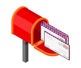 Red mailbox with in isometric style on a white background. Vector illustration of mail icon, postbox, letter-box, p.o.b..