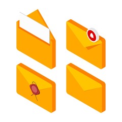 Set of mail envelopes in isometric style on a white background. Collection of yellow mailing sing. Vector illustration