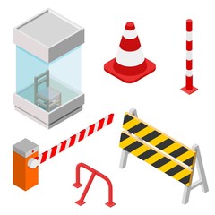 Isometric set of isometric elements. Icons for parking. Parking zone icon. Collection of barriers in the style of isometrics. Vector illustration