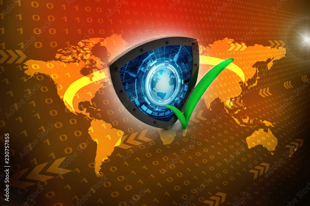 Poster 3d rendering tick mark over a shield surface