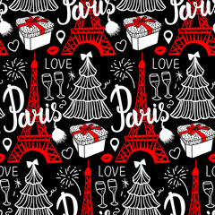 Lettering Paris and Eiffel Tower. Seamless pattern Merry Christmas and Happy new year fashion sketch gift box, tree and fireworks. Hand drawn Vector illustration isolated on dark background.