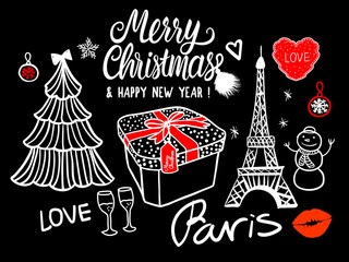 Merry Christmas and Happy New Year Lettering Card fashion sketch celebration gift box, tree, Paris Eiffel Tower. White and red hand drawing Vector illustration isolated on black background.