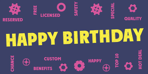 HAPPY BIRTHDAY Words and tags cloud. Banner Stamp