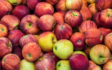 Pile of fresh organic apple fruit. Stack of red apples, texture and background. 