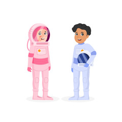 Two Arabian Kids Boy and Girl, Wearing Astronaut Costume Cute Vector Cartoon