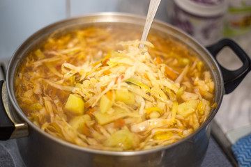 Ukrainian hot borscht in a pan