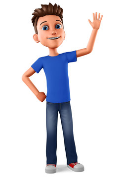 Cheerful guy raised his hand as a sign of greeting to empty space on a white background. 3d rendering. Illustration for advertising.