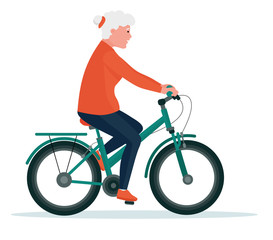 Naklejka premium Senior woman on cycle ride. Healthy lifestyle. Flat cartoon illustration vector set. Active sport concept set.