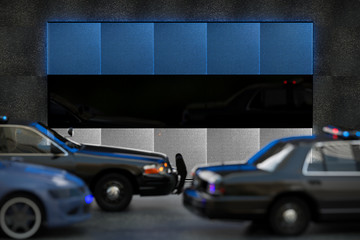 Bright digital display Estonia flag in city as cars drive past