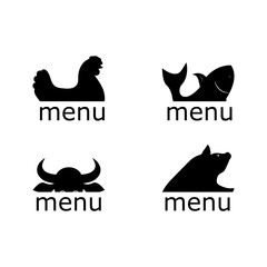 Chicken menu. Fish menu. Beef menu. Pork menu. Flat animal icons