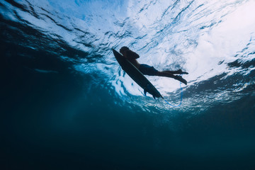 Surfer male with surfboard dive underwater with under big wave.