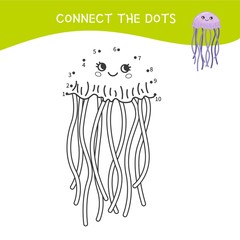 Educational game for kids. Dot to dot game for children. Cartoon jellyfish.