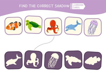 Educational  game for children. Find the right shadow. Kids activity with cartoon fish.