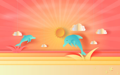 Fototapeta na wymiar illustration of seascape view with jumping dolphin and clouds at sunset beautiful.Summertime season background with color orange-red pastel tone.3D Paper art and craft style.vector for poster