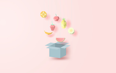 illustration of Many fruit colorful Hang on the box open the lid.Collection geometric polygonal 3d paper art style fruits,triangles,apple,Banana, orange,strawberry,pineapple,watermelon,kiwi.vector