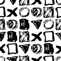Seamless pattern. Vector abstract background. Black and white. Hand drawn geometric illustration with circles triangles squares and crosses.
