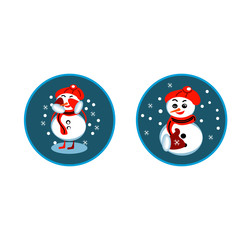 Set of winter holidays snowman. Cheerful snowmen in different costumes. Snowman chef, magician, snowman with candy and gifts.