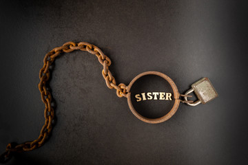 Fototapeta na wymiar Addiction or slavery on the sister / strong social bond