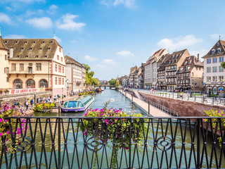 Strasbourg, France - Aug 18, 2018: view of historic district in old town, nestles on an island formed by two arms of the River Ill. It is home to an impressive historic and architectural heritage