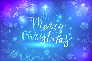 blue glowing merry christmas background with white snowflakes