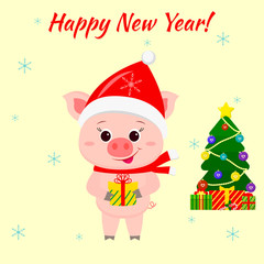 Happy New Year and Merry Christmas Greeting Card. A cute pig wearing a Santa Claus hat and scarf is holding a box with a gift. Christmas tree and boxes with gifts. 2019. Vector