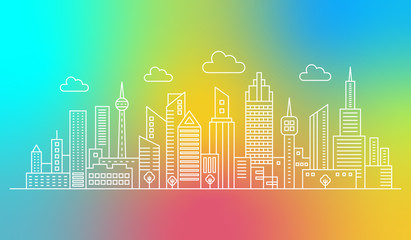 Fototapeta premium Modern outline line city skyscrapers on the trendy vector gradient mix color background.