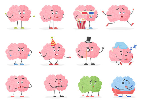 Brain character emoji emoticons set. Funny cartoon brain emotions and activities vector illustration.