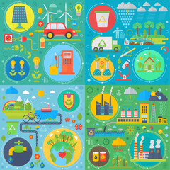 Trendy flat design ecology vector set of web icons. Ecological friendly, low zero emission. Modern green power plants and energy producing stations. Save Earth.