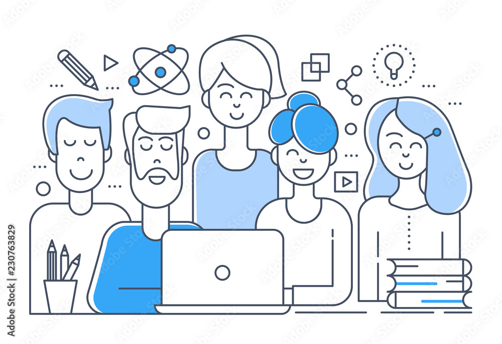Poster flat line design of creative team. teamwork outline color concept.