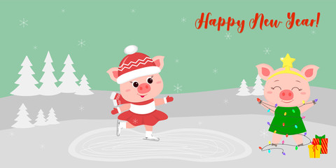 Happy New Year and Merry Christmas Greeting Card. Two cute pigs. One goes to the rink, the other in a Christmas tree costume stands next to the tree with gifts. Vector