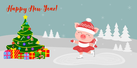 Happy New Year and Merry Christmas Greeting Card. Cute pig in a suit skates on the rink. Christmas tree and boxes with gifts. Vector