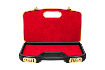 opened black and red  pistol case with gold combination locks isolated on white