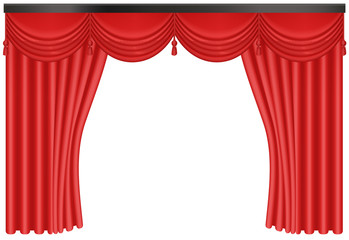 Realistic Red silk curtains backdrop entrance vector illustration.