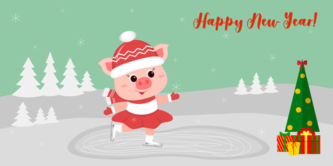 Happy New Year and Merry Christmas Greeting Card. Cute pig in a suit skates on the rink. Christmas tree and boxes with gifts. Vector