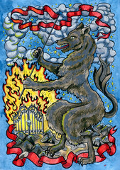Dog and hell gate. Hand drawn fantasy graphic illustration. Occult mystic drawing with symbol of eastern calendar zodiac animal, mystic astrology background