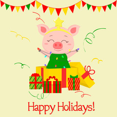 Happy New Year and Merry Christmas Greeting Card. Cute pig in a Christmas tree costume stands in a gift box. The symbol of the new year in the Chinese calendar. 2019. Vector