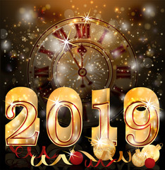 Happy new 2019 golden year card with xmas clock, vector illustration
