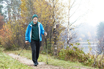 Picture of active fit Caucasian elderly man wearing sports clothes and warm hat having walk using nordic poles outdoors. Retired senior male nordic pole walker enjoying autumn morning outside