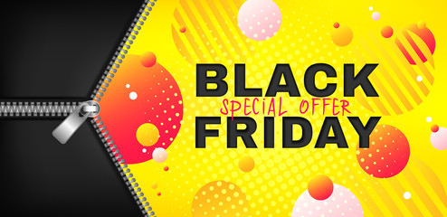 Black friday sale vector promotion web banner with open metal zipper on abstract yellow background. Fall season, flyer template for autumn seasonal discounts, special offer, advertising poster © Moonrae