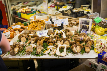 Porcini mushrooms (boletus) on a local market in Rome, Italy