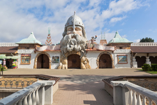 Entrance to the water park U Lukomorye in the resort town of Evpatoria, Crimea, Russia