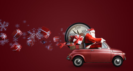 Christmas countdown arriving. Santa Claus on car delivering New Year gifts and clock at red...