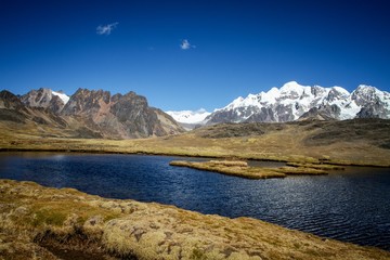 Panoramic view of the lake in spectacular high mountains, Cordillera, Andes, Peru, with colorfull dark blue water, in the cordillera blanca, mountains covered by snow in background