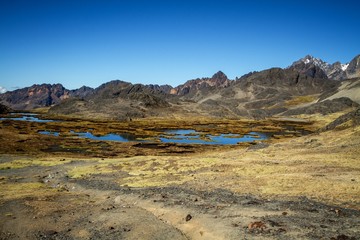 Panoramic view of the lake in spectacular high mountains, Cordillera, Andes, Peru, with colorfull dark blue water, in the cordillera blanca, mountains covered by snow in background