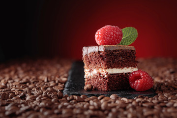 Closeup of chocolate cake with raspberry .