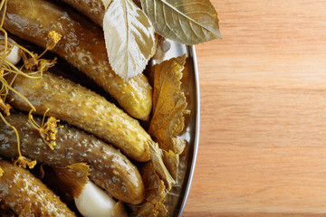Homemade pickled cucumbers in brine.