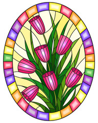 Illustration in stained glass style with a bouquet of pink tulips on a yellow background in a bright frame, oval image