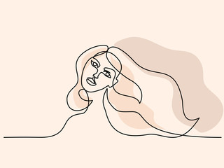 Continuous one line drawing. Abstract portrait of pretty young woman with beautiful hair. Vector soft color illustration