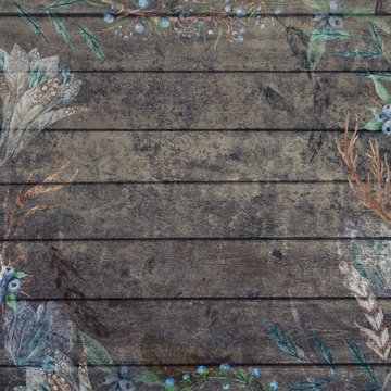 Boho Chic Fall Wood Background with Flowers and Feathers