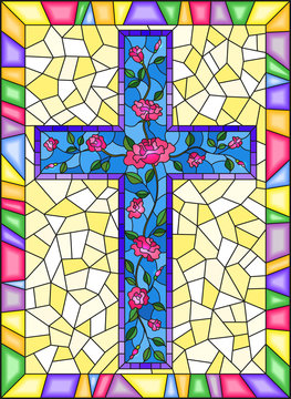 Illustration in stained glass style with Christian cross decorated with  pink roses on blue background in bright frame